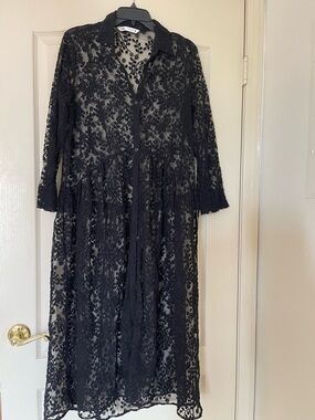 Zara Black Floral Lace Long-Sleeve Button Dress